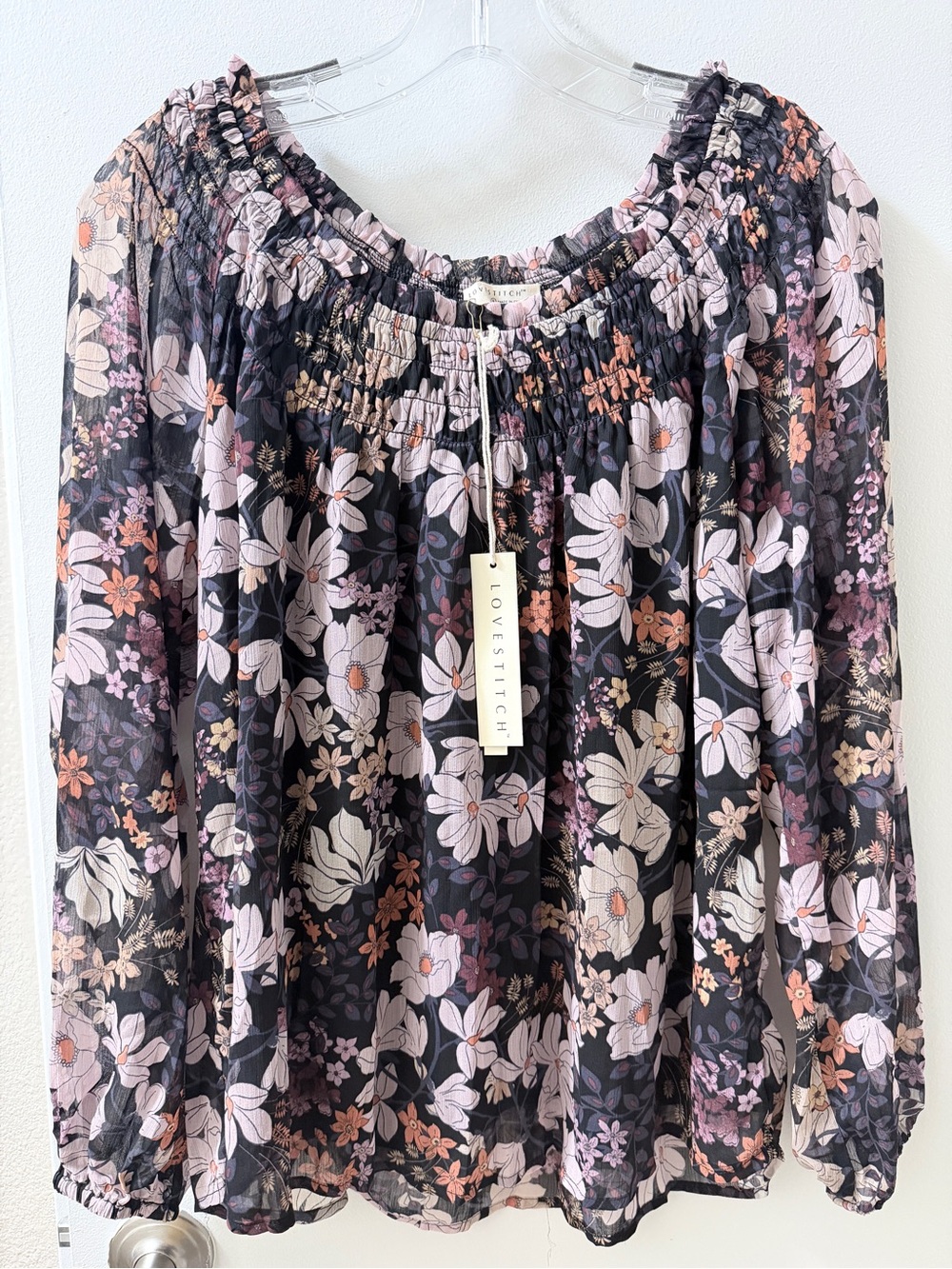 lovestitch Black Floral Off-Shoulder Blouse with Pink and Peach Blooms